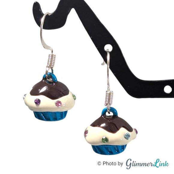 Blue Chocolate Enamel Rhinestone Cupcake Silver Plated Dangle Earrings - Picture 1 of 9